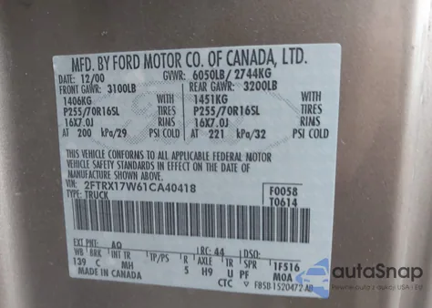 2001 Ford F-150 Lariat/Xl/Xlt from USA, damaged, VIN 2FTRX17W61CA40418